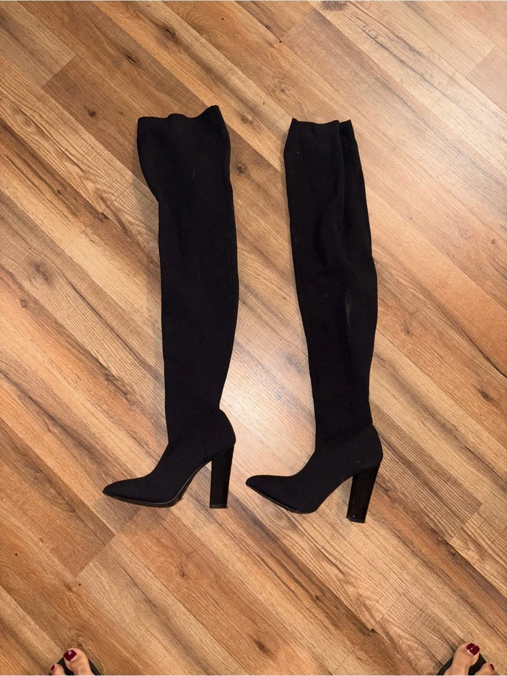Thigh high stretchy Black boots block heel